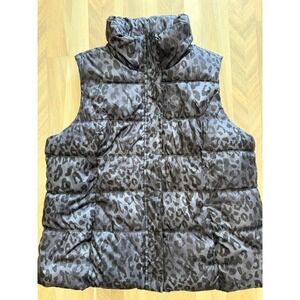 Old Navy Womens XL Grey/Black Leopard Print Puffer Vest Fleece Lined
